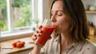 Woman in a bright kitchen sipping tomato juice from a tall glass, tomatoes on the counter behind her.